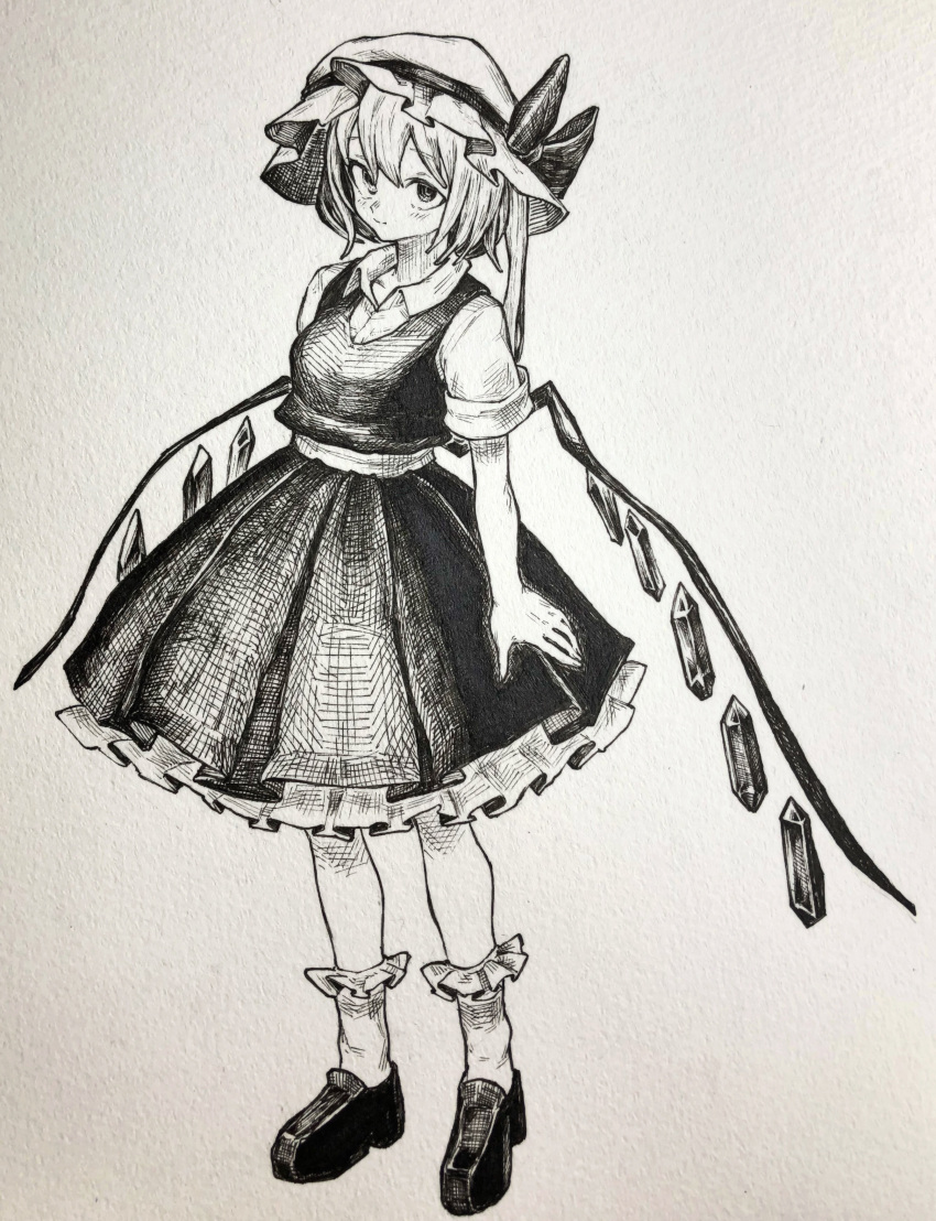 1girl absurdres bangs blush bow closed_mouth eyebrows_visible_through_hair flandre_scarlet full_body hat hat_bow highres loafers long_hair looking_at_viewer mashimashi mob_cap monochrome shoes short_sleeves side_ponytail skirt skirt_set socks solo standing touhou traditional_media