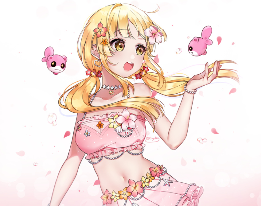 1girl :o bang_dream! bangs bare_shoulders blonde_hair breasts brown_eyes chyoling collarbone commentary crop_top eyebrows_visible_through_hair fish flower hair_flower hair_ornament halter_top halterneck heart long_hair looking_away looking_to_the_side low_twintails medium_breasts open_mouth orange_flower petals pink_flower pink_skirt pleated_skirt red_flower round_teeth skirt solo symbol_commentary teeth tsurumaki_kokoro twintails twitter_username upper_teeth very_long_hair water_drop white_background