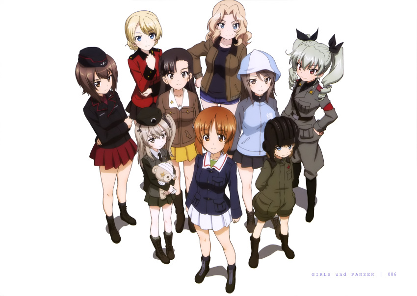 6+girls absurdres anchovy anzio_military_uniform asymmetrical_bangs bangs belt black_bow black_footwear black_hat black_neckwear black_shirt black_skirt blonde_hair blue_eyes blue_jacket blue_shorts boots bow breasts brown_eyes brown_hair brown_jacket brown_pants brown_skirt chi-hatan_military_uniform cleavage collarbone copyright_name crossed_arms darjeeling eyebrows_visible_through_hair from_above full_body girls_und_panzer hair_between_eyes hair_bow hand_on_hip hat helmet highres jacket katyusha kay_(girls_und_panzer) keizoku_military_uniform knee_boots kuromorimine_military_uniform long_hair looking_at_viewer medium_breasts micro_shorts mika_(girls_und_panzer) miniskirt multiple_girls necktie nishi_kinuyo nishizumi_maho nishizumi_miho official_art ooarai_military_uniform open_clothes open_jacket page_number pants pleated_skirt pravda_military_uniform red_eyes red_jacket red_skirt selection_university_military_uniform shadow shimada_arisu shiny shiny_hair shirt shorts silver_hair simple_background skirt smile st._gloriana's_military_uniform standing sweater tied_hair twintails white_background white_shirt white_skirt yellow_skirt yoshida_nobuyoshi