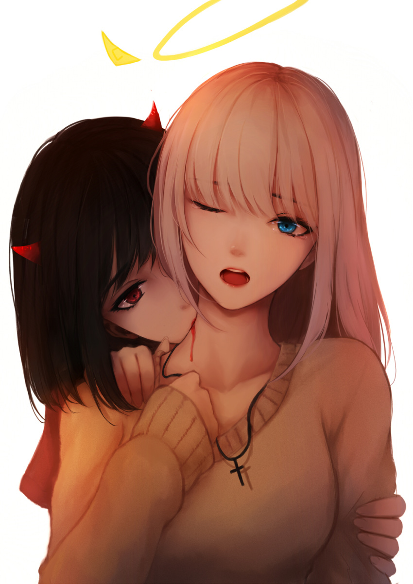 2girls angel_and_devil beige_sweater biting black_hair blonde_hair blood blue_eyes cross cross_necklace demon_horns halo hand_on_another's_arm highres horns jewelry lips long_hair multiple_girls neck_biting necklace open_mouth original red_eyes red_lips red_shirt shimmer shirt simple_background sweater tearing_up teeth upper_body vampire white_background yuri