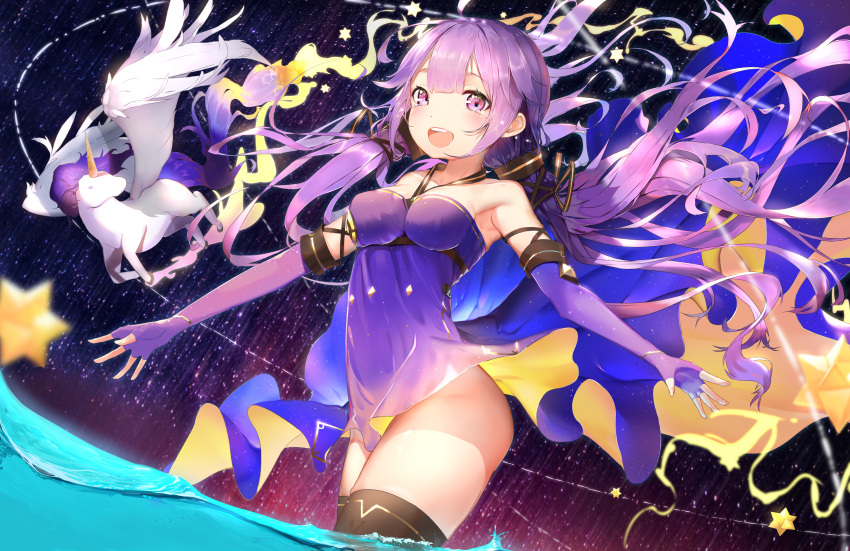 1girl :d absurdres azur_lane black_legwear breasts dress dress_lift dutch_angle elbow_gloves fingerless_gloves floating_hair from_below gloves hair_between_eyes highres huge_filesize isaka_wasabi long_hair medium_breasts open_mouth outstretched_arms pink_eyes purple_dress purple_gloves purple_hair shiny shiny_hair short_dress sleeveless sleeveless_dress smile solo standing strapless strapless_dress thigh-highs unicorn unicorn_(azur_lane) very_long_hair wading