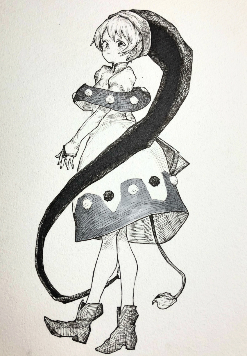 1girl absurdres bangs blush boots bridal_gauntlets capelet closed_mouth doremy_sweet dress earrings from_side full_body hat highres jewelry looking_at_viewer mashimashi monochrome nightcap pom_pom_(clothes) puffy_sleeves short_hair solo standing tail tapir_tail touhou traditional_media