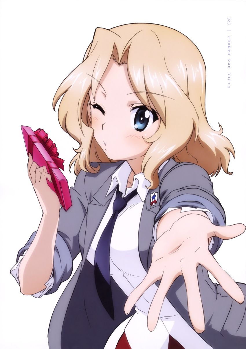 1girl absurdres black_neckwear blonde_hair blue_eyes blush box copyright_name dress_shirt floating_hair gift gift_box girls_und_panzer grey_jacket highres holding holding_box jacket kay_(girls_und_panzer) long_hair necktie official_art one_eye_closed open_clothes open_jacket page_number red_skirt saunders_school_uniform shirt simple_background skirt solo upper_body white_background white_shirt yoshida_nobuyoshi