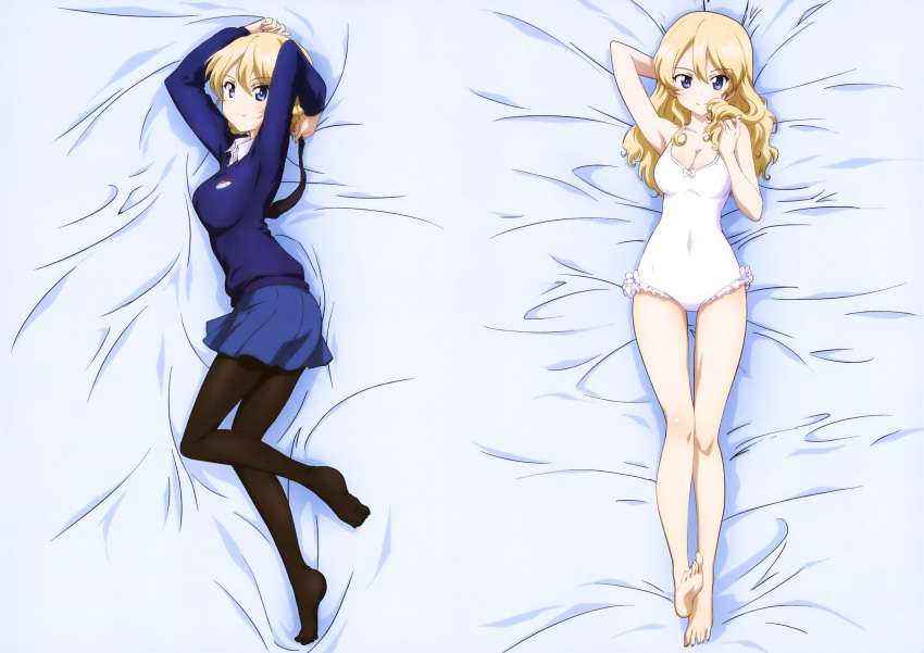1girl absurdres arm_behind_head bed_sheet black_legwear blonde_hair blue_eyes blue_skirt blue_sweater blush breasts casual_one-piece_swimsuit cleavage covered_navel dakimakura darjeeling eyebrows_visible_through_hair frilled_swimsuit frills from_above full_body girls_und_panzer hair_between_eyes highres long_hair looking_at_viewer lying medium_breasts miniskirt official_art on_back on_side one-piece_swimsuit pantyhose pleated_skirt shiny shiny_hair shirt skirt smile solo st._gloriana's_school_uniform sweater swimsuit white_shirt white_swimsuit yoshida_nobuyoshi