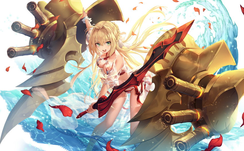 1girl absurdres aestus_estus ahoge alternate_costume artoria_pendragon_(all) bangs bikini blonde_hair blush braid breasts cleavage day eyebrows_visible_through_hair fate/extra fate_(series) floating_hair godoju green_eyes hair_intakes hair_ribbon highres holding holding_sword holding_weapon large_breasts leaning_forward leotard light_particles long_hair looking_at_viewer machinery medium_breasts nero_claudius_(fate) nero_claudius_(fate)_(all) open_mouth outdoors partially_submerged petals ribbon rigging saber sandals see-through sidelocks smile solo splashing swimsuit sword thighs weapon wind wind_lift