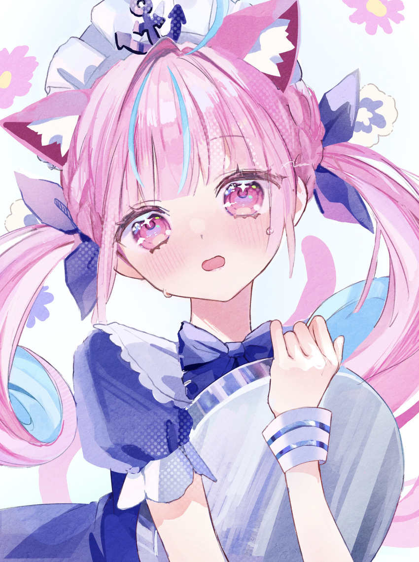 +_+ 1girl absurdres ahoge anchor_hat_ornament anchor_symbol animal_ear_fluff animal_ears asa_going blue_background blue_bow blue_dress blue_hair blue_ribbon blunt_bangs blush bow cat_ears cat_girl cat_tail colored_inner_hair dress drill_hair floral_background frilled_headwear hair_ribbon hat_ornament highres holding holding_tray hololive light_blue_hair long_hair looking_at_viewer maid maid_headdress minato_aqua multicolored_hair open_mouth pink_eyes pink_hair pink_lips pink_tail ribbon short_sleeves solo streaked_hair tail tears tray twin_drills twintails two-tone_hair virtual_youtuber white_headdress white_wrist_cuffs