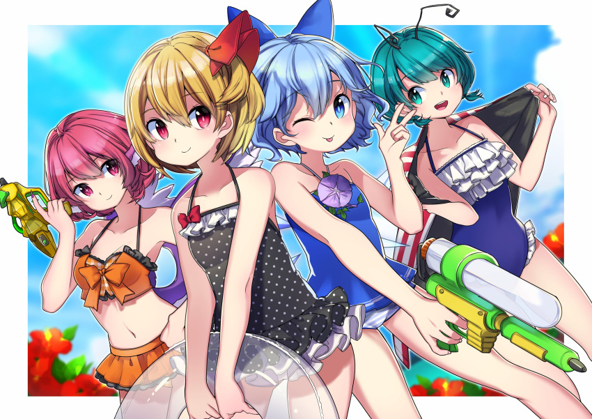 +_+ 4girls :d ;p absurdres aqua_hair bangs bare_arms bare_shoulders bikini black_swimsuit blonde_hair blue_bow blue_eyes blue_hair blue_sky blush border bow breasts cirno cleavage clouds collarbone commentary_request cowboy_shot day eyebrows_visible_through_hair fingernails flat_chest flower frilled_bikini frilled_swimsuit frills green_eyes gun hair_between_eyes hair_bow hair_ribbon halterneck hand_on_hip hand_up hands_up head_wings highres holding holding_gun holding_weapon ice ice_wings innertube leaf looking_at_another miniskirt multiple_girls mystia_lorelei nail_polish namauni navel no_hat no_headwear one-piece_swimsuit one_eye_closed open_mouth orange_bikini orange_bow orange_skirt outdoors outside_border pink_eyes pink_hair plaid plaid_bikini pleated_skirt polka_dot polka_dot_swimsuit purple_nails red_bow red_flower red_ribbon ribbon rumia sharp_fingernails short_hair skirt sky small_breasts smile standing stomach striped_towel swimsuit team_9 thighs tongue tongue_out touhou towel unmoving_pattern w water_gun weapon white_border wings wriggle_nightbug