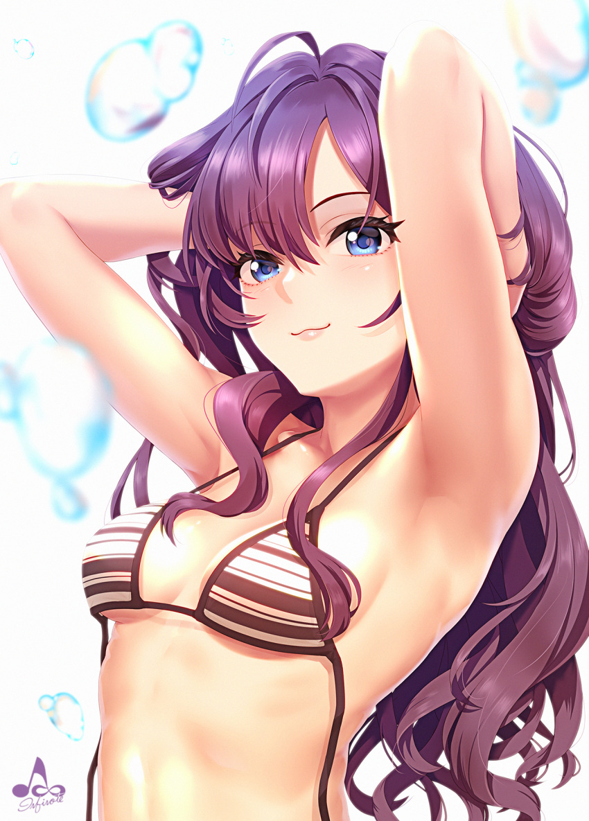 1girl :3 ahoge armpits arms_behind_head arms_up bangs bikini blue_eyes blush breasts brown_bikini brown_hair cleavage closed_mouth collarbone hair_between_eyes highres ichinose_shiki idolmaster idolmaster_cinderella_girls infinote long_hair looking_at_viewer medium_breasts smile solo striped striped_bikini swimsuit untied untied_bikini waist water_drop wavy_hair