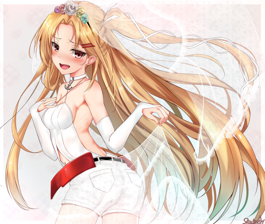 1girl azur_lane backless_dress backless_outfit bangs belt blonde_hair blush breasts bridal_gauntlets bridal_veil cleveland_(azur_lane) commentary_request denim denim_shorts dress embarrassed eyebrows_visible_through_hair floating_hair flower from_behind gloves hair_between_eyes hair_flower hair_ornament hairclip long_hair looking_at_viewer one_side_up open_mouth parted_bangs pocket red_eyes ribbon sazamiso_rx see-through shorts sidelocks signature small_breasts smile solo tsurime twisted_torso veil very_long_hair white_gloves white_ribbon white_shorts