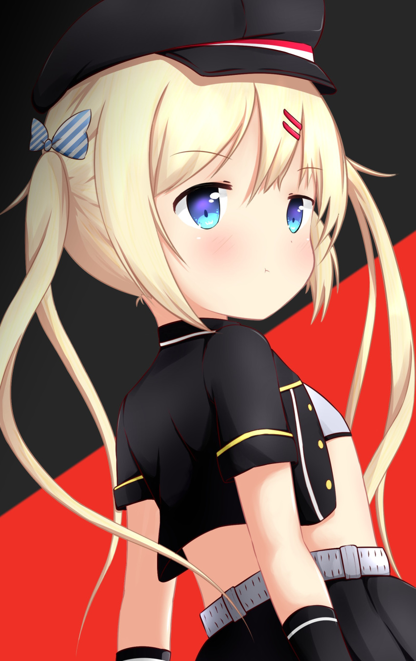 1girl :t absurdres azur_lane bandeau black_background black_gloves black_hat black_jacket black_skirt blonde_hair blue_eyes blush bow closed_mouth commentary cropped_jacket diagonal_stripes flat_chest gloves hair_bow hair_ornament hairclip hat highres jacket long_hair looking_away looking_to_the_side peaked_cap pleated_skirt pout red_background short_sleeves sidelocks skirt solo striped striped_bow symbol_commentary twintails two-tone_background yuujoduelist z18_(azur_lane)