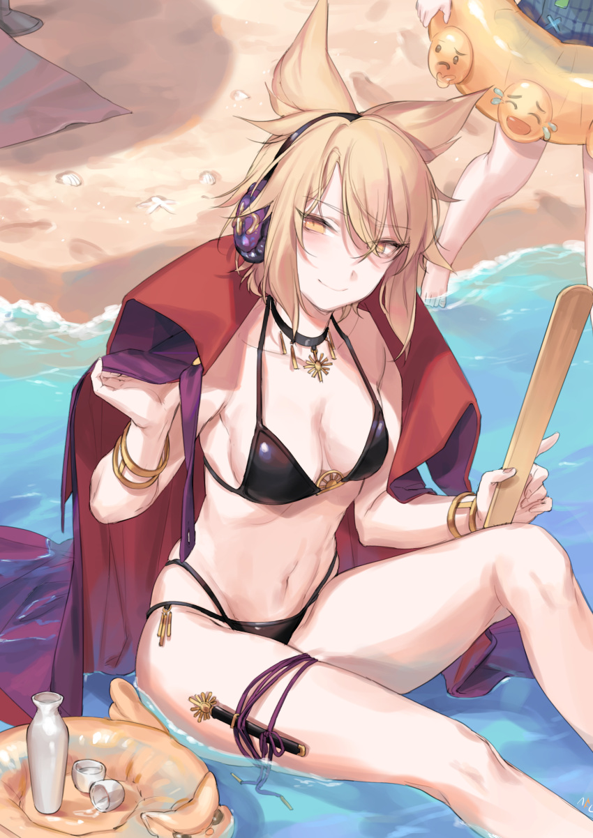 2girls absurdres alcohol bare_arms bare_shoulders barefoot bikini black_bikini black_choker blonde_hair blush bracelet breasts cape choker collarbone commentary_request cup earmuffs eyebrows_visible_through_hair feet_out_of_frame fingernails footprints groin hair_between_eyes halterneck hand_up hata_no_kokoro high_collar highleg highleg_bikini highres holding innertube jewelry knee_up knife looking_at_viewer medium_breasts multiple_girls navel plaid plaid_swimsuit pointy_hair purple_ribbon ribbon ritual_baton sake sand scabbard shadow shan sheath sheathed short_hair sitting skindentation standing stomach swimsuit thigh_ribbon thighs tokkuri touhou toyosatomimi_no_miko water yellow_eyes