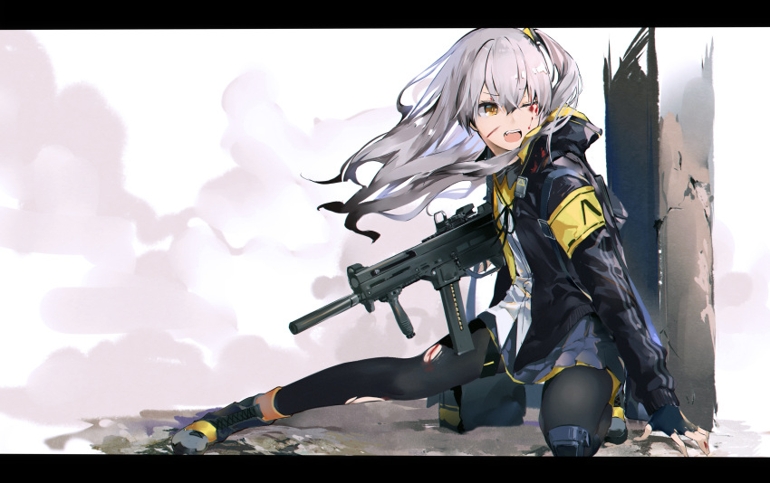 1girl absurdres arm_support bangs black_footwear black_gloves black_jacket black_legwear blood blue_skirt boots brown_eyes commentary_request cuts eyebrows_visible_through_hair fang fingerless_gloves girls_frontline gloves gun h&amp;k_ump45 hair_between_eyes highres holding holding_gun holding_weapon injury jacket letterboxed long_hair one_eye_closed one_side_up open_clothes open_jacket open_mouth pantyhose pleated_skirt shirt silver_hair skirt solo torn_clothes torn_pantyhose ump45_(girls_frontline) v-shaped_eyebrows very_long_hair weapon white_shirt yamano_(yamanoh)