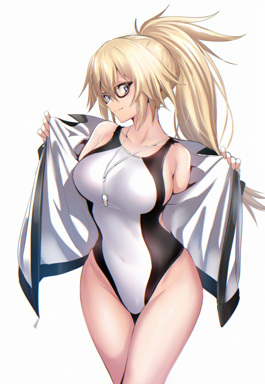 1girl bangs black-framed_eyewear blonde_hair blue_eyes breasts collarbone covered_navel fate/apocrypha fate/grand_order fate_(series) glasses hair_between_eyes highres hips jacket jeanne_d'arc_(fate) jeanne_d'arc_(fate)_(all) large_breasts long_hair looking_at_viewer looking_to_the_side one-piece_swimsuit open_clothes open_jacket simple_background smile solo swimsuit thighs ulrich_(tagaragakuin) waist whistle white_background white_jacket white_swimsuit zipper