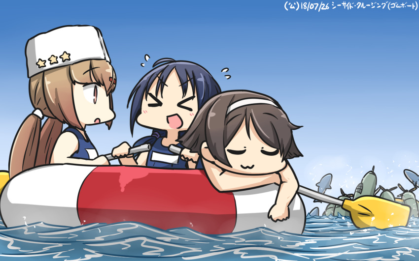 &gt;_&lt; 3girls ahoge alternate_costume black_hair blue_hair blue_swimsuit brown_eyes brown_hair commentary dated hair_between_eyes hair_ornament hairband hairclip hamu_koutarou hat highres kantai_collection long_hair low_twintails multiple_girls nishikitaitei-chan one-piece_swimsuit open_mouth papakha school_swimsuit shark short_hair smile star suzukaze_(kantai_collection) swimsuit tanikaze_(kantai_collection) tashkent_(kantai_collection) twintails v-shaped_eyebrows white_hairband white_hat