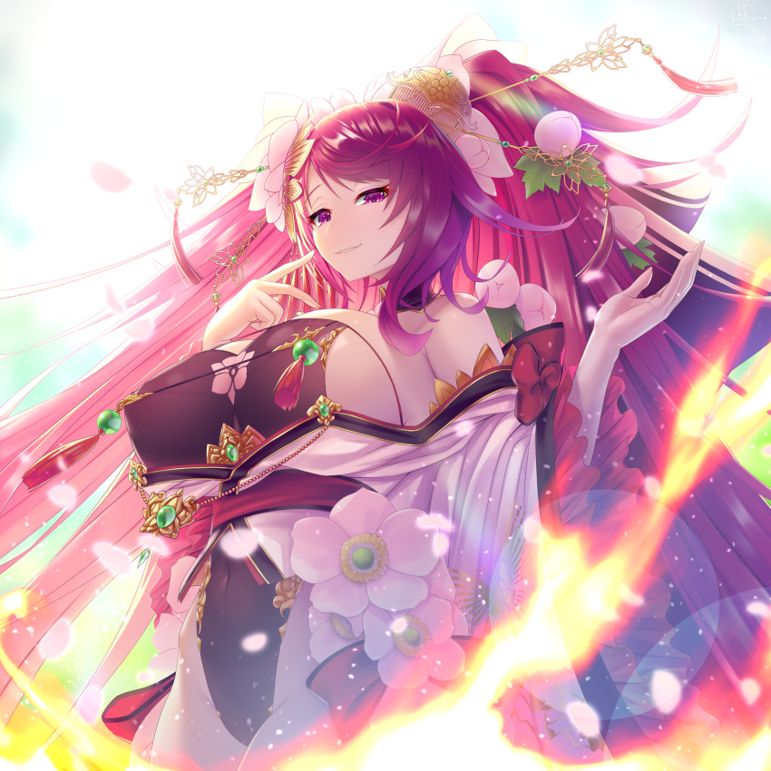 1girl absurdres bare_shoulders bettle_(b_s_a_n) breasts cleavage comb covered_navel flower flower_knight_girl hair_flower hair_ornament hair_stick hand_up high_ponytail highres large_breasts lens_flare long_hair looking_at_viewer parted_lips pink_hair shuumeigiku_(flower_knight_girl) smile solo standing very_long_hair violet_eyes