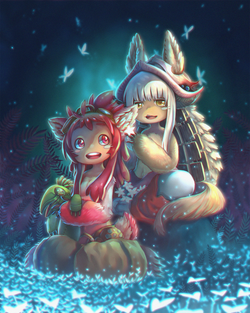 2girls animal_ears blush breasts cleavage eyebrows flower furry highres isakhaya long_hair looking_at_another made_in_abyss medium_breasts mitty_(made_in_abyss) mitty_(made_in_abyss)_(furry) multiple_girls nanachi_(made_in_abyss) open_mouth red_eyes redhead sitting smile teeth white_hair yellow_eyes