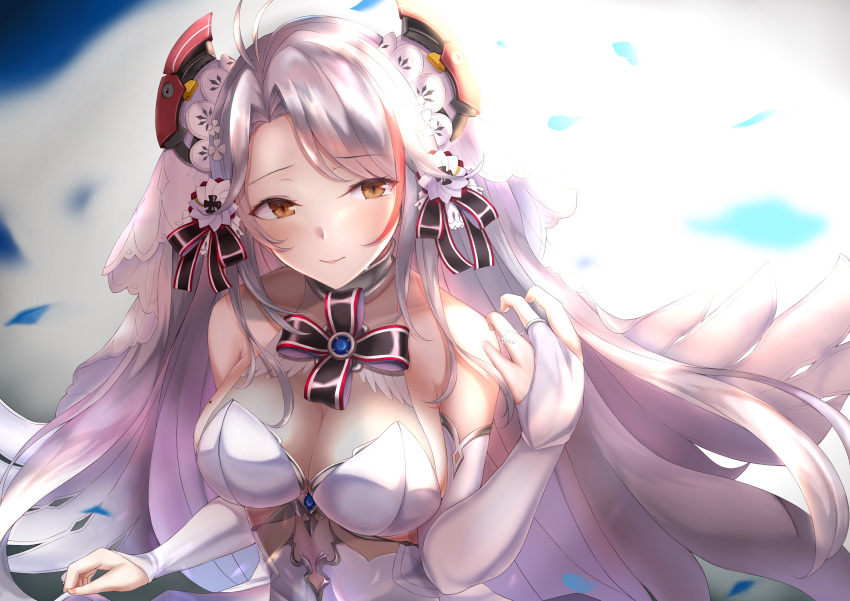 1girl absurdres alternate_costume antenna_hair azur_lane bangs bare_shoulders blush breasts bridal_gauntlets bridal_veil brown_eyes choker cleavage closed_mouth commentary commentary_request dress dress_lift eyebrows_visible_through_hair floating_hair gloves hair_between_eyes half-closed_eyes hand_up headgear highres large_breasts lifted_by_self long_hair looking_at_viewer mole mole_on_breast multicolored_hair no_bra numaguro_(tomokun0808) outdoors prinz_eugen_(azur_lane) redhead ribbon sapphire_(stone) see-through silver_hair smile solo strapless strapless_dress streaked_hair tearing_up two_side_up upper_body veil very_long_hair wedding_dress white_dress white_gloves wind wind_lift