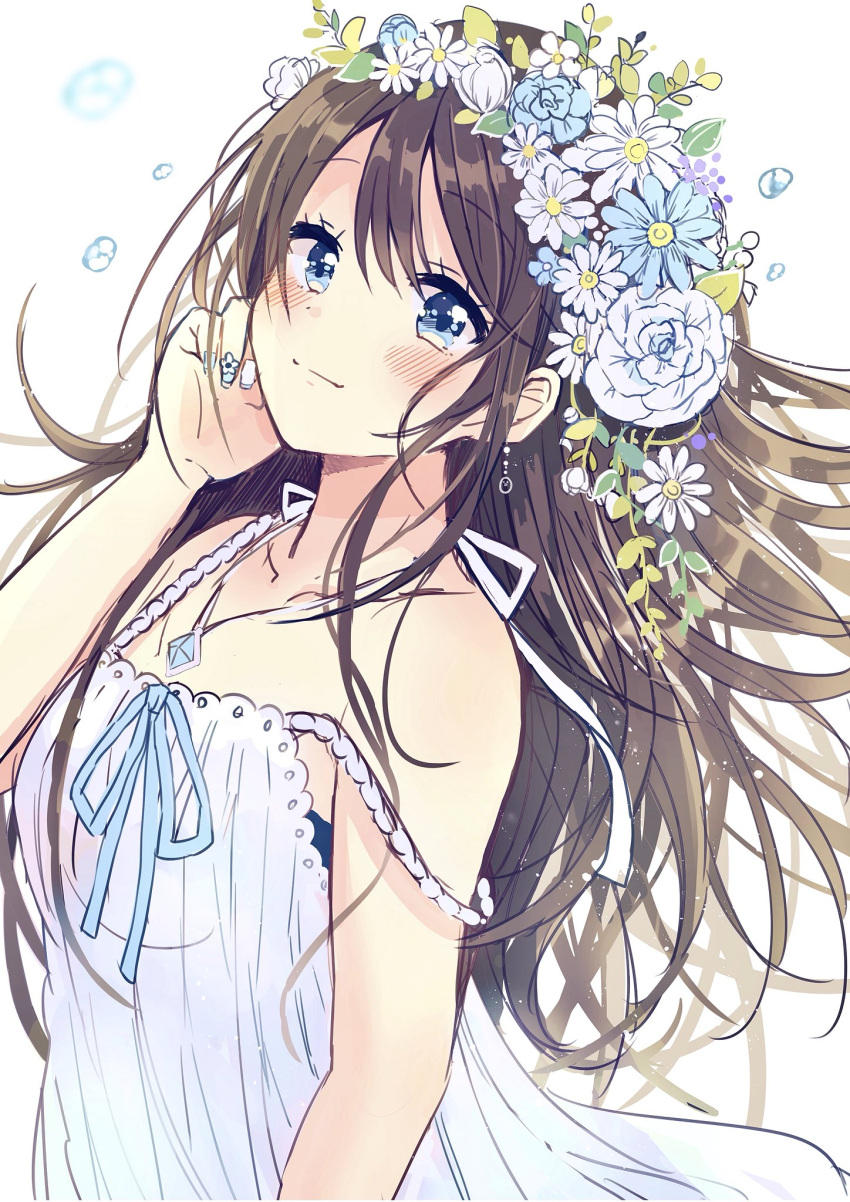 1girl bangs bare_arms bare_shoulders blue_eyes blue_flower blue_nails blue_ribbon blue_rose blush brown_hair closed_mouth collarbone commentary_request dress eyebrows_visible_through_hair fingernails flower hair_between_eyes hair_flower hair_ornament hand_up highres jewelry long_hair looking_at_viewer multicolored multicolored_nails nail_polish original pendant ribbon rose sakura_oriko simple_background sleeveless sleeveless_dress smile solo strap_slip upper_body very_long_hair white_background white_dress white_flower white_nails white_rose
