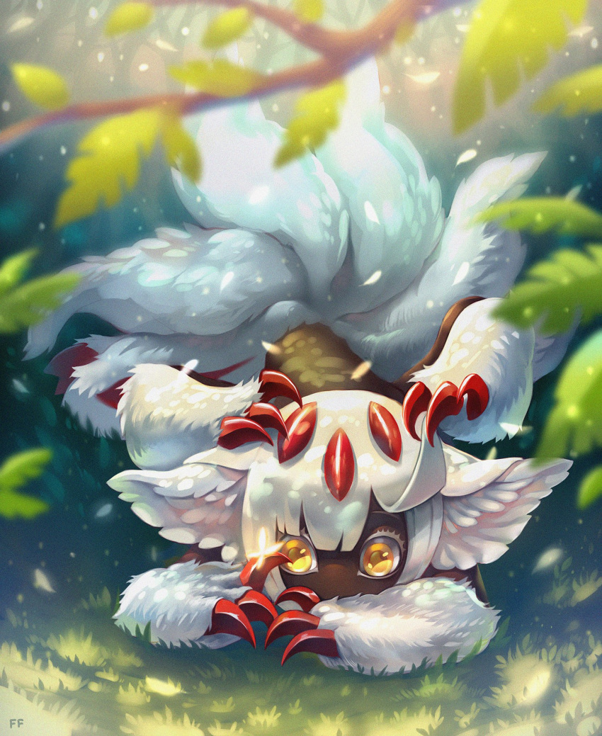 1girl claws day eyebrows faputa furry grass highres isakhaya long_hair looking_at_viewer lying made_in_abyss multiple_arms multiple_tails on_stomach outdoors solo tail tree_branch white_hair yellow_eyes