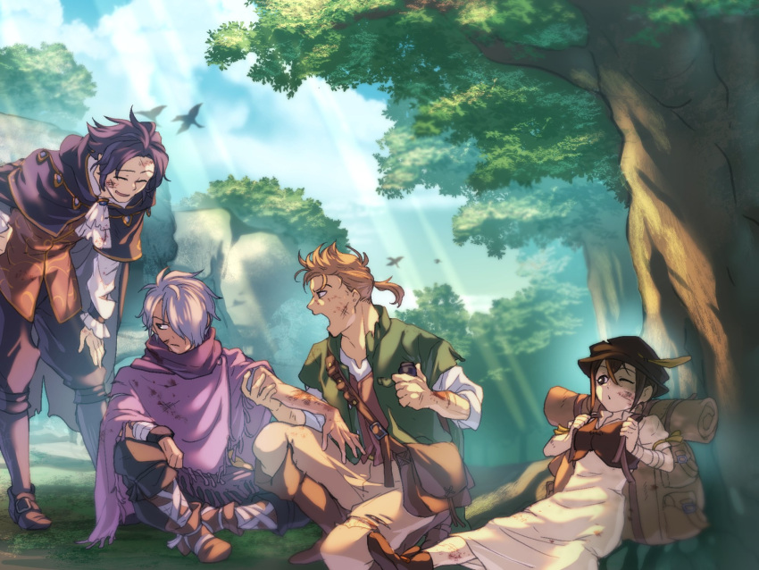 1girl 3boys alfyn_(octopath_traveler) angry black_hair blonde_hair boots brown_hair cape closed_eyes cyrus_(octopath_traveler) dress forest gloves hair_between_eyes hat highres jewelry long_hair multiple_boys nature octopath_traveler one_eye_closed open_mouth ponytail scarf short_hair smile st_beans_lal therion_(octopath_traveler) tressa_(octopath_traveler)