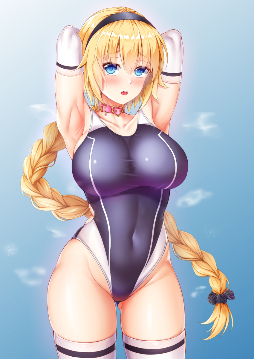 1girl armpits arms_behind_head arms_up bangs black_hairband black_scrunchie blonde_hair blue_eyes blue_swimsuit blush braid breasts commentary_request competition_swimsuit covered_navel elbow_gloves eyebrows_visible_through_hair fate/grand_order fate_(series) gloves gluteal_fold hair_ornament hair_scrunchie hairband heart_collar highleg highleg_swimsuit highres jeanne_d'arc_(fate) jeanne_d'arc_(fate)_(all) large_breasts long_hair looking_at_viewer low-tied_long_hair one-piece_swimsuit open_mouth pink_collar scrunchie single_braid solo standing standing_on_liquid swimsuit taut_clothes taut_swimsuit thigh-highs upper_teeth very_long_hair white_gloves white_legwear zuizhong