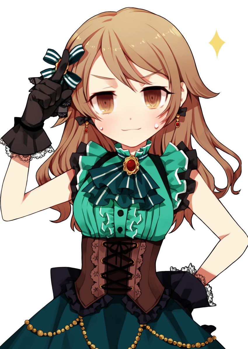 1girl @_@ absurdres ascot bare_arms black_gloves brooch commentary corset dress earrings eyebrows_visible_through_hair frilled_gloves frills gloves green_dress hair_down hand_on_hip highres idol idolmaster idolmaster_cinderella_girls idolmaster_cinderella_girls_starlight_stage jewelry light_brown_hair long_hair looking_at_viewer morikubo_nono pinkiepies2 pointing pointing_up salute simple_background sleeveless solo sweatdrop upper_body white_background