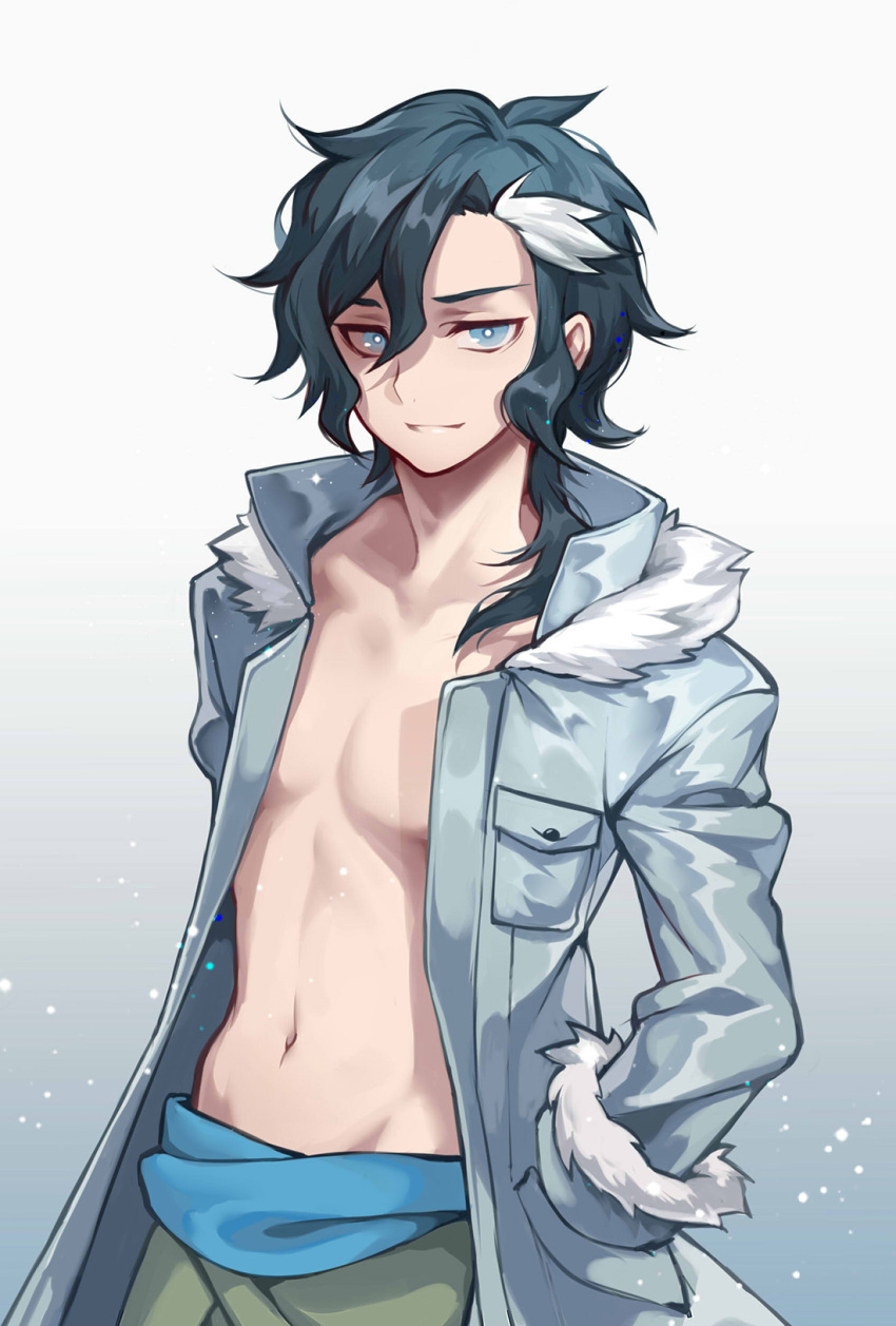 1boy blonde_hair blue_eyes coat gradient gradient_background grey_background hand_in_pocket highres looking_at_viewer male_focus mullet multicolored_hair navel open_clothes open_coat shirtless sirius_the_jaeger solo streaked_hair white_hair yuily_(sirius)