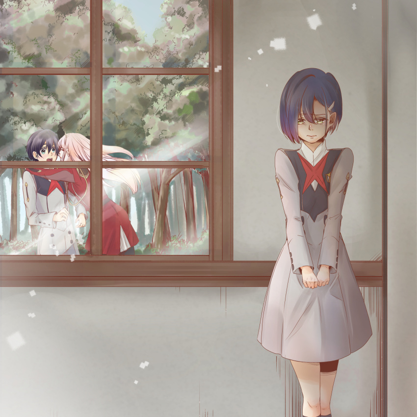 1boy 2girls arm_over_shoulder bangs black_hair black_legwear blue_eyes breasts closed_eyes commentary_request couple dappled_sunlight darling_in_the_franxx dress eyebrows_visible_through_hair forest green_eyes grey_dress hair_ornament hairband hairclip hetero highres hiro_(darling_in_the_franxx) horns hug ichigo_(darling_in_the_franxx) jealous light_rays long_hair long_sleeves military military_uniform multiple_girls nature necktie netorare oni_horns pantyhose pink_hair red_dress red_horns red_neckwear sad short_hair small_breasts sunbeam sunlight thighs tree uniform white_hairband window yraskaagaos-fp zero_two_(darling_in_the_franxx)