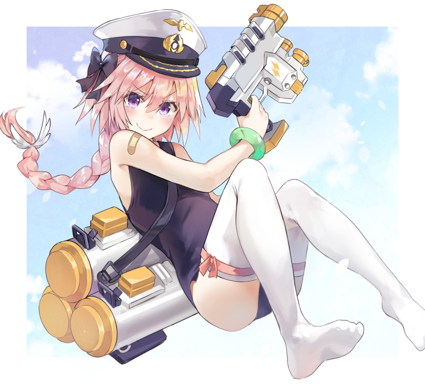 &gt;:) 1boy astolfo_(fate) bandaid bandaid_on_shoulder bangs bare_arms bare_shoulders black_bow black_swimsuit blue_sky blush bow bracelet braid closed_mouth clouds commentary_request eyebrows_visible_through_hair fang fate/apocrypha fate_(series) finger_on_trigger hair_between_eyes hair_bow hat highres holding holding_water_gun jewelry kusumoto_touka long_hair looking_at_viewer male_focus one-piece_swimsuit otoko_no_ko peaked_cap pink_hair pink_ribbon ribbon school_swimsuit shiny shiny_hair single_braid sky smile solo swimsuit thigh-highs v-shaped_eyebrows violet_eyes water_gun white_hat white_legwear