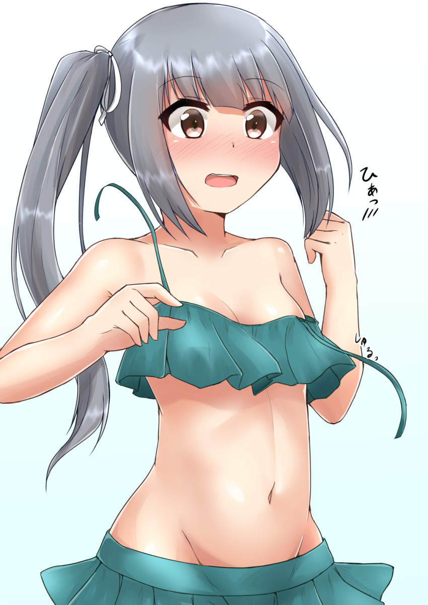 1girl bikini blush breasts brown_eyes eyebrows_visible_through_hair green_bikini grey_hair groin hair_between_eyes highres kantai_collection kasumi_(kantai_collection) long_hair looking_at_viewer open_mouth rokosu_(isibasi403) side_ponytail simple_background small_breasts solo swimsuit white_background