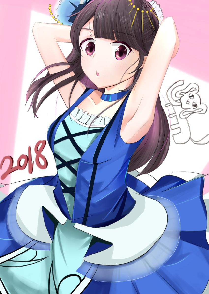 1girl 2018 aida_rikako armpits bangs birthday blue_dress blunt_bangs brown_hair commentary_request dleung drawing dress elephant eyebrows_visible_through_hair hair_ornament highres long_hair looking_at_viewer love_live! love_live!_sunshine!! real_life seiyuu solo violet_eyes water_blue_new_world