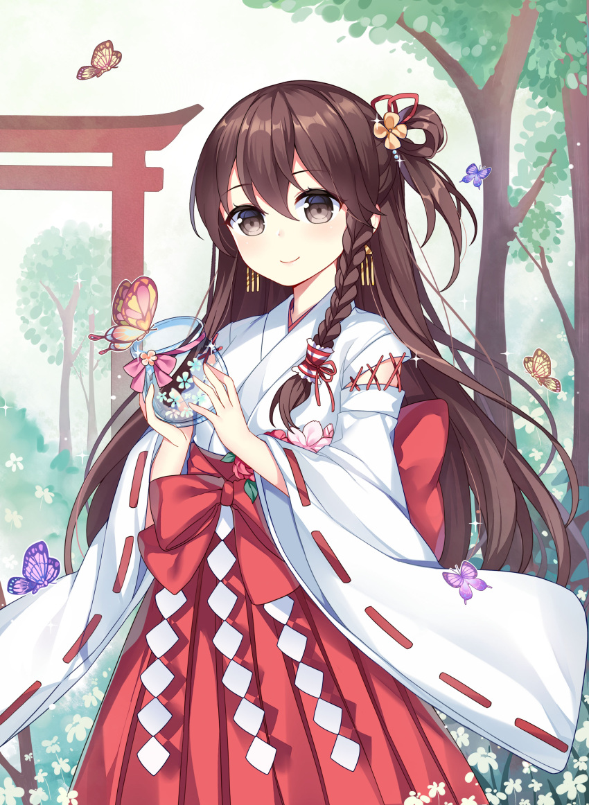 1girl absurdres animal bangs blush bow braid brown_eyes brown_hair bug butterfly chuor_(chuochuoi) closed_mouth day earrings eyebrows_visible_through_hair flower hair_between_eyes hair_ribbon hakama hands_up head_tilt highres holding insect japanese_clothes jewelry kimono long_sleeves looking_at_viewer miko one_eye_closed original outdoors pink_flower red_bow red_flower red_hakama red_ribbon red_rose ribbon ribbon-trimmed_sleeves ribbon_trim rose short_kimono side_braid single_braid smile solo standing torii tree white_kimono wide_sleeves