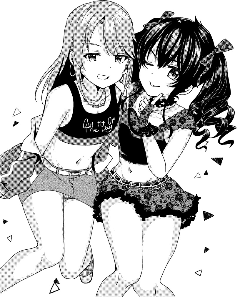 2girls ;p absurdres animal_print belt bow clothes_writing drill_hair earrings english fingerless_gloves floral_print gloves greyscale hair_bow hand_on_own_cheek highres ichiren_namiro idolmaster idolmaster_cinderella_girls index_finger_raised jacket jewelry lace lace_gloves lace_skirt leopard_print matoba_risa midriff monochrome multiple_girls navel one_eye_closed print_bow print_gloves print_skirt skirt tank_top tongue tongue_out track_jacket twintails yuuki_haru