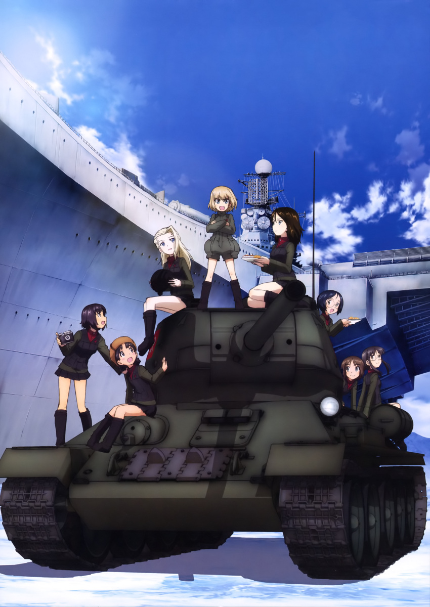 6+girls :d absurdres alina_(girls_und_panzer) black_footwear black_hair black_skirt blonde_hair boots brown_hair brown_hat brown_jacket camera clara_(girls_und_panzer) crossed_arms day floating_hair girls_und_panzer glasses ground_vehicle hat highres holding holding_camera jacket katyusha knee_boots leaning_forward long_hair looking_at_viewer looking_back military military_vehicle miniskirt motor_vehicle multiple_girls nina_(girls_und_panzer) nonna official_art open_mouth outdoors pleated_skirt pravda_military_uniform ship short_hair sidelocks sitting skirt smile tank watercraft yoshida_nobuyoshi