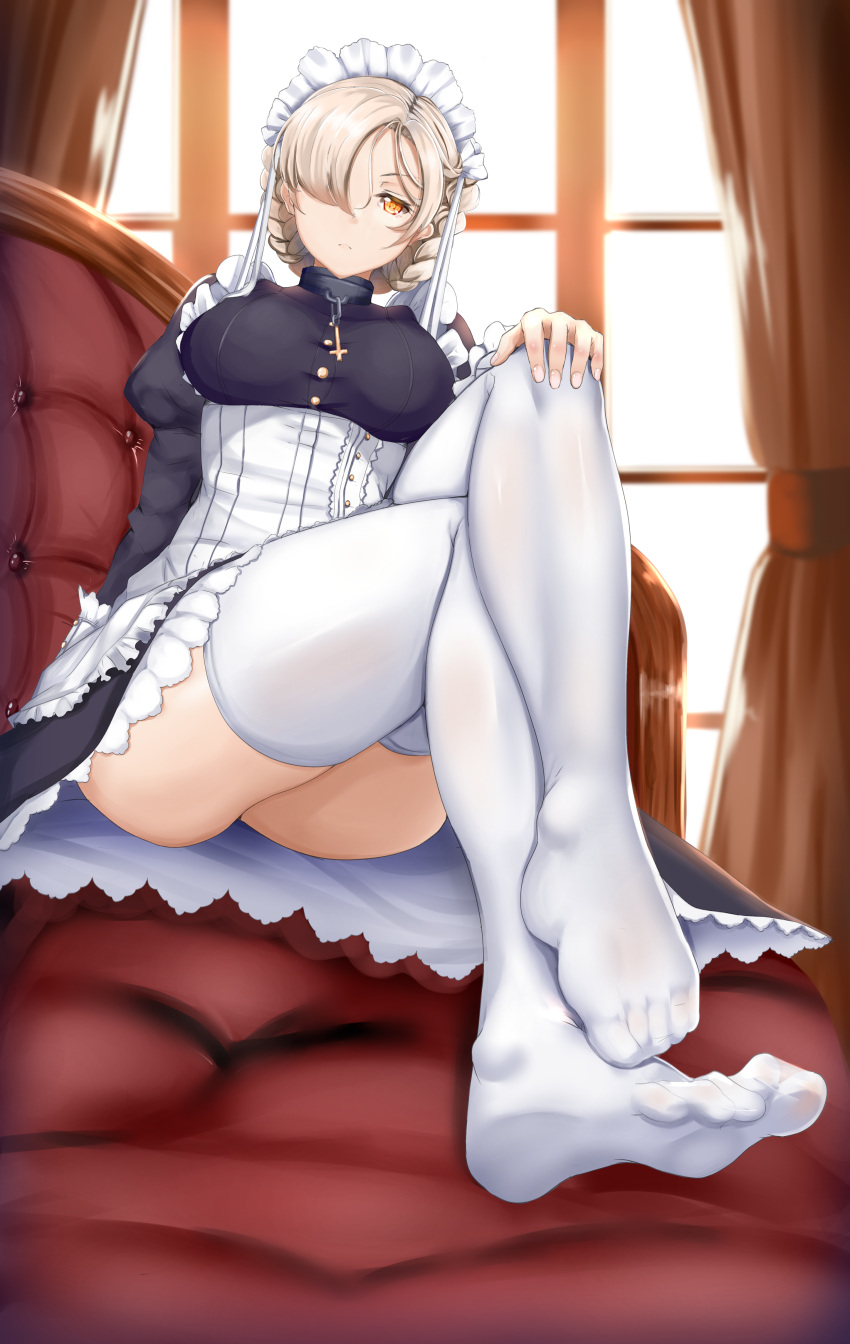 1girl absurdres apron arm_at_side azur_lane black_dress blonde_hair braid breasts chiyo_goya closed_mouth commentary curtains dress expressionless frills hair_over_one_eye hand_on_own_knee highres indoors juliet_sleeves knees_up legs_crossed long_sleeves looking_at_viewer maid maid_headdress medium_breasts no_shoes puffy_sleeves sheffield_(azur_lane) short_hair sitting solo thigh-highs white_apron white_legwear window yellow_eyes