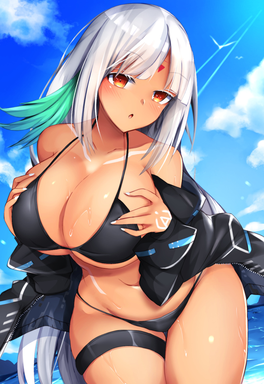 1girl azur_lane bare_shoulders bikini bikini_top black_bikini black_jacket blue_sky blush body_markings breasts cleavage colored_eyelashes cowboy_shot dark_skin eyebrows_visible_through_hair hands_on_own_chest highres jacket large_breasts leaning_forward lips long_hair looking_at_viewer massachusetts_(azur_lane) midriff monotosu multicolored_hair native_american open_clothes open_mouth orange_eyes outdoors parted_lips silver_hair skindentation sky solo sunlight swimsuit swimsuit_under_clothes thigh_strap thighs under_boob