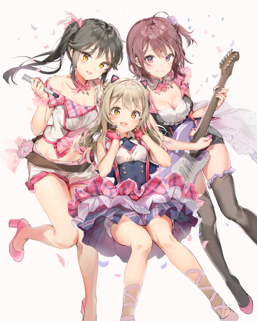 3girls :d anmi bangs black_hair black_legwear blush breasts brown_hair cleavage closed_mouth commentary_request dress fingerless_gloves gloves guitar hair_between_eyes headset high_heels highres holding instrument light_brown_hair long_hair medium_breasts mole multiple_girls music open_mouth original pink_eyes short_hair shorts side_ponytail simple_background smile thigh-highs yellow_eyes