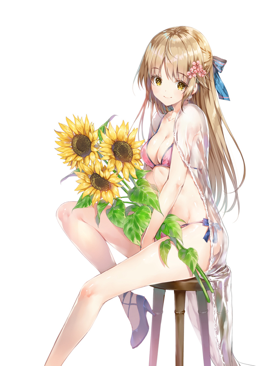 1girl bangs bikini blonde_hair blue_flower blue_footwear blue_rose breasts cleavage closed_mouth commentary_request eyebrows_visible_through_hair flower hair_flower hair_ornament hair_ribbon high_heels highres holding holding_flower leg_up long_hair looking_at_viewer medium_breasts miwabe_sakura original pink_bikini pink_flower ribbon rose see-through shiny shiny_hair side-tie_bikini side-tie_bottom simple_background sitting smile solo stool sunflower swimsuit white_background yellow_eyes