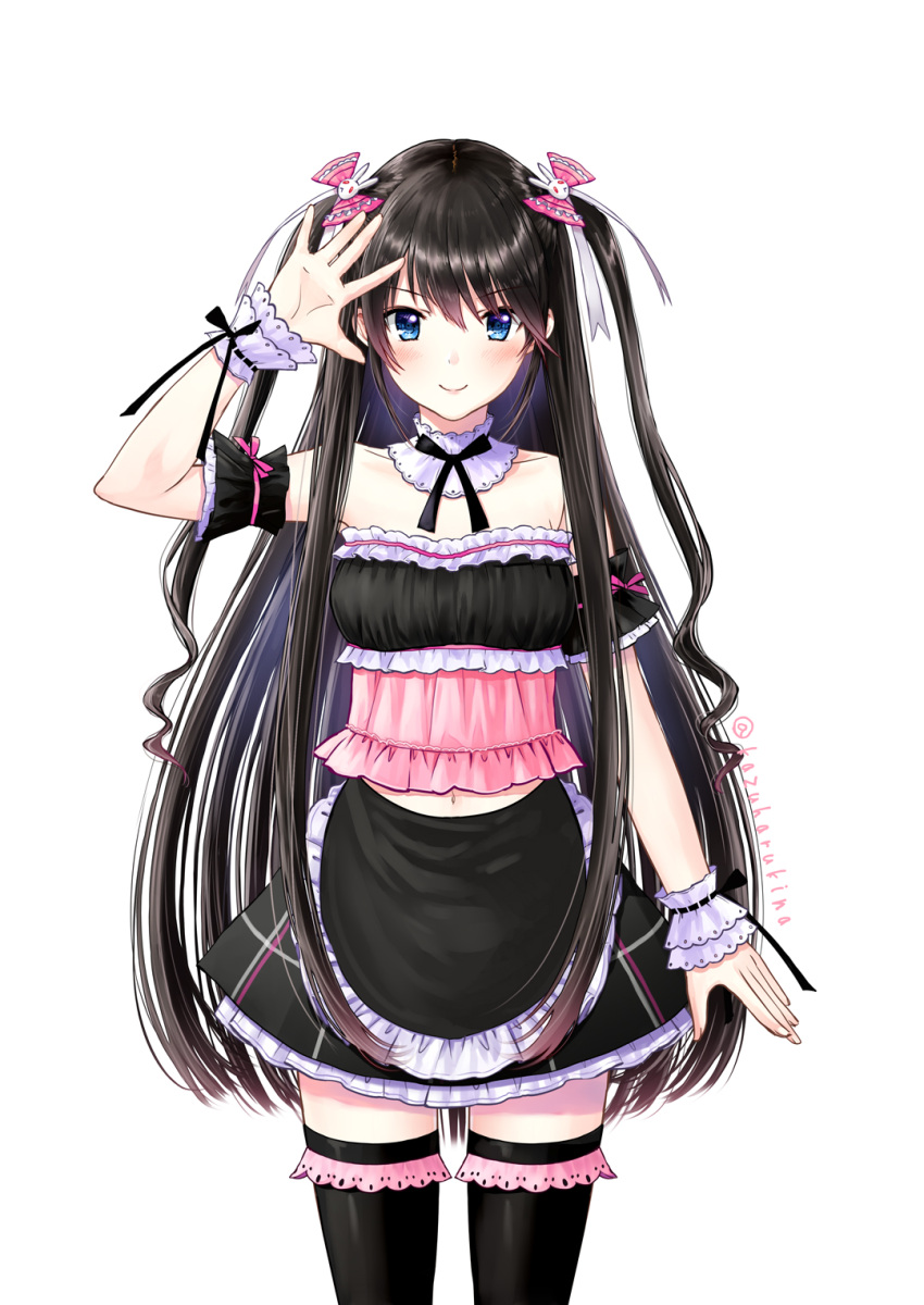 1girl apron arm_up barefoot black_apron black_hair black_legwear black_skirt blue_eyes blush bow breasts bunny_hair_ornament collarbone commentary_request cowboy_shot crop_top denpa_(kazuharu) detached_collar detached_sleeves frilled_apron frills hair_bow hair_ornament highres kazuharu_kina long_hair medium_breasts navel original palms pink_bow ribbon_trim short_sleeves sidelocks simple_background skirt solo straight_hair thigh-highs twitter_username two_side_up very_long_hair virtual_youtuber waist_apron white_background zettai_ryouiki