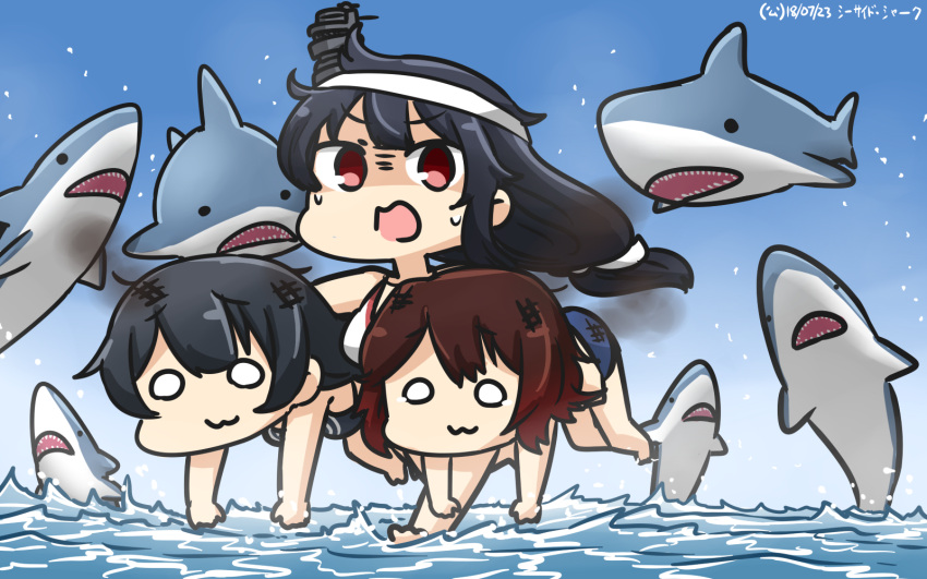 3girls :3 agano_(kantai_collection) animal barefoot black_hair brown_hair carrying commentary dated fish hair_between_eyes hair_ornament hamu_koutarou highres kantai_collection long_hair multiple_girls mutsuki_(kantai_collection) o_o ocean open_mouth red_eyes running_on_liquid shaded_face shark short_hair yamashiro_(kantai_collection)