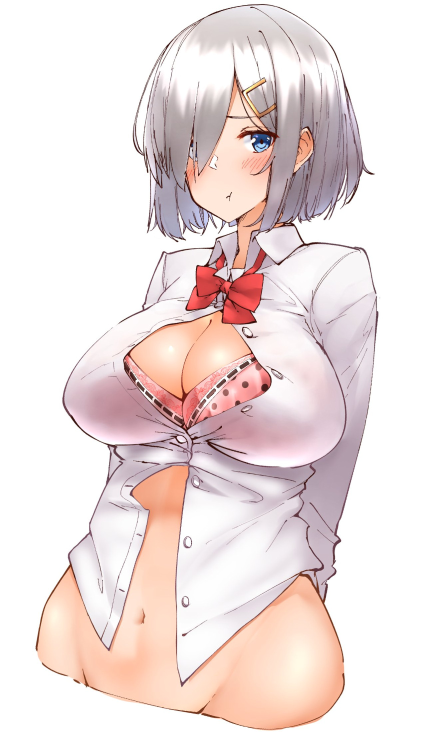 1girl :t alternate_costume arms_behind_back blue_eyes blush bow bowtie bra breasts bursting_breasts cleavage dress_shirt hair_ornament hair_over_one_eye hairclip hamakaze_(kantai_collection) hechi_(hechi322) highres kantai_collection large_breasts looking_at_viewer navel pink_bra polka_dot polka_dot_bra shirt short_hair silver_hair simple_background solo underwear white_background