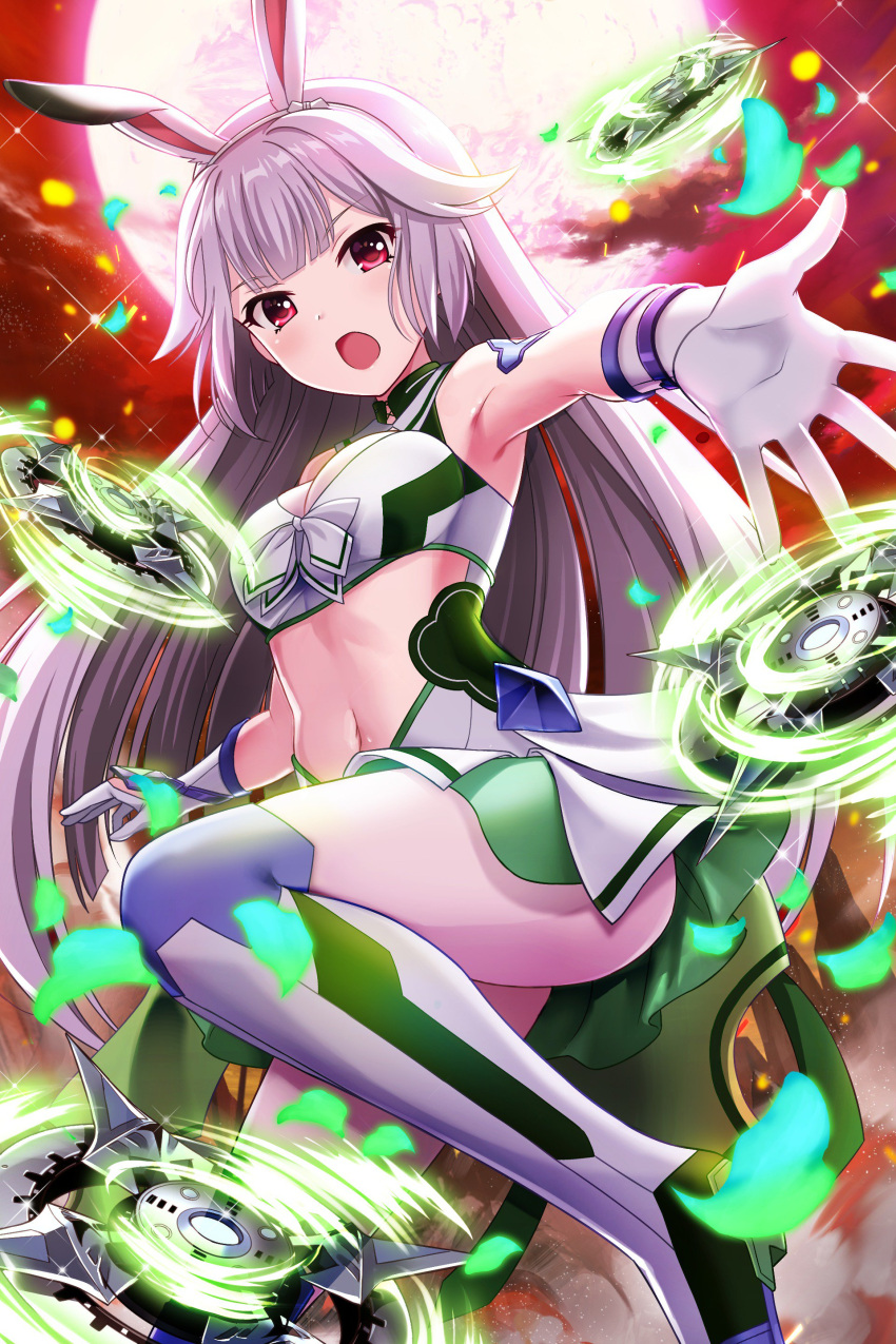 1girl absurdres alternative_girls animal_ears aqua_petals armpits bangs bare_shoulders blunt_bangs blush boots breasts bunny_girl cleavage dress elbow_gloves fake_animal_ears fighting_stance front-tie_top gloves green_dress hairband highres long_hair looking_at_viewer medium_breasts moon navel navel_cutout official_art open_mouth outdoors rabbit_ears red_eyes red_sky shuriken silver_hair sky thigh-highs thigh_boots two-tone_dress usui_miyuki very_long_hair white_dress white_gloves white_hairband