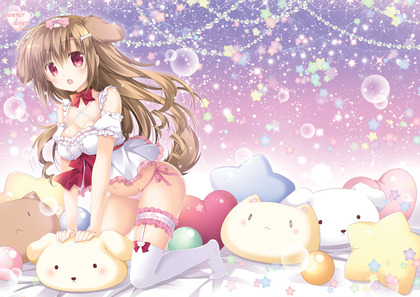 1girl :o animal_ears arm_support bangs bare_shoulders bed_sheet blush bone_hair_ornament bow breasts brown_hair cat_pillow cleavage commentary_request detached_sleeves dog_ears dog_girl dog_pillow dog_tail eyebrows_visible_through_hair groin hair_between_eyes hair_bow heart heart_pillow highres kneeling korie_riko long_hair medium_breasts navel no_shoes open_mouth original panties pillow pink_bow pink_panties puffy_short_sleeves puffy_sleeves red_bow red_eyes short_sleeves side-tie_panties solo star star_pillow tail thigh-highs underwear very_long_hair