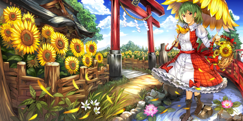 1girl ascot basket blue_sky bow breasts bridge brown_footwear building center_frills clouds commentary_request day dress fence flower flower_umbrella frilled_shirt_collar frills full_body grass green_hair hair_between_eyes highres holding holding_basket holding_umbrella juliet_sleeves kazami_yuuka large_breasts leaf lily_pad long_sleeves looking_at_viewer nature outdoors petals petticoat pink_flower puffy_sleeves red_bow red_eyes red_sash red_skirt red_vest river rock rope sash shide shimenawa short_hair skirt sky smile solo standing sunflower torii touhou tree umagenzin umbrella vest walking water white_dress white_flower wing_collar yellow_neckwear yellow_umbrella