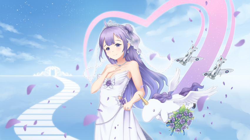1girl aircraft airplane alicorn animal azur_lane bare_arms bare_shoulders blue_sky blurry blurry_foreground blush bouquet breasts bridal_veil cleavage closed_mouth clouds commentary day depth_of_field dress english_commentary fingernails flower flying hair_bun hand_on_own_chest hand_up head_tilt heart highres intelman jewelry long_hair medium_breasts necklace one_side_up outdoors petals purple_flower purple_hair purple_rose ring rose see-through side_bun sky smile solo strapless strapless_dress tiara unicorn_(azur_lane) veil very_long_hair violet_eyes wedding_band white_dress