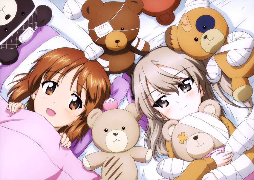 2girls :d absurdres bed_sheet black_hairband blush brown_eyes brown_hair eyebrows_visible_through_hair from_above girls_und_panzer hair_between_eyes hairband highres holding holding_stuffed_animal long_hair looking_at_viewer multiple_girls nishizumi_miho official_art open_mouth pillow shimada_arisu shiny shiny_hair side_ponytail silver_hair smile stuffed_animal stuffed_toy upper_body yoshida_nobuyoshi