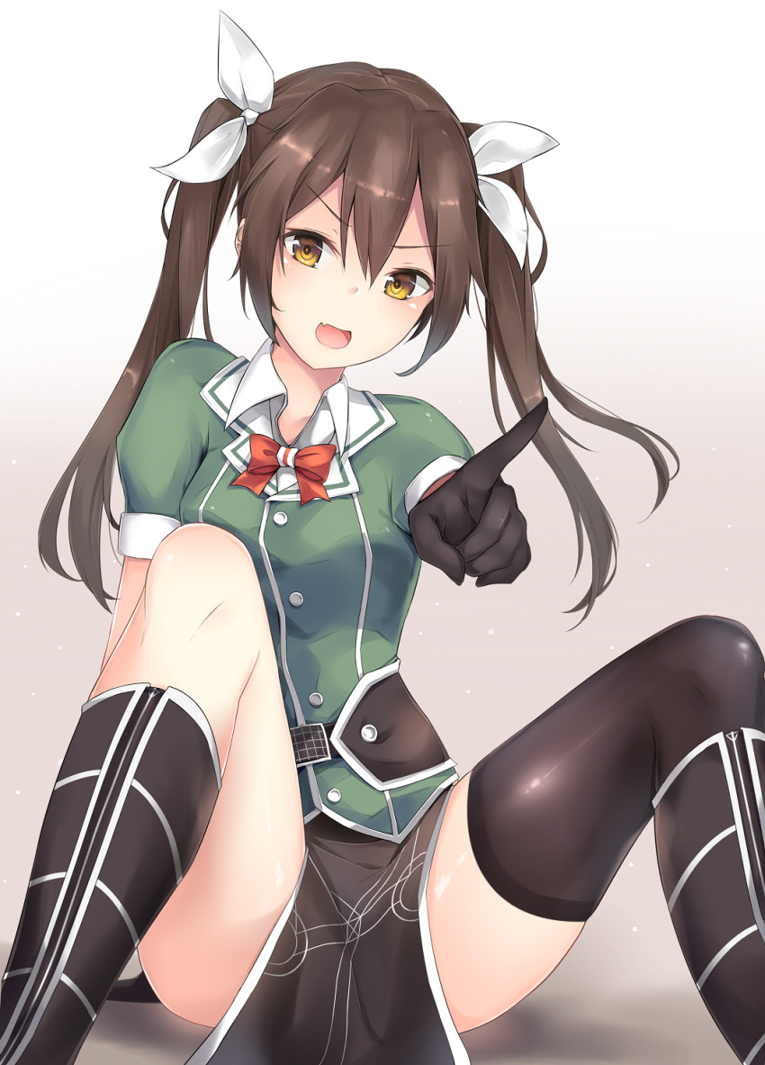 1girl :d arm_behind_back arm_support asymmetrical_legwear bangs blush boots bow bowtie breasts brown_eyes brown_hair buttons collared_shirt elbow_gloves eyebrows_visible_through_hair fang gloves hair_between_eyes hair_ribbon head_tilt highres jacket jenson_tw kantai_collection knee_boots light_particles long_hair looking_at_viewer medium_breasts open_mouth pelvic_curtain pointing pointing_at_viewer remodel_(kantai_collection) ribbon shiny shiny_skin shirt short_sleeves side_slit sidelocks single_elbow_glove single_thighhigh sitting skirt smile solo thigh-highs thighs tone_(kantai_collection) twintails white_ribbon