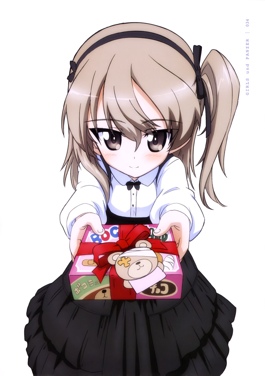 1girl absurdres bandage black_bow black_hairband black_ribbon black_skirt blush bow bowtie box brown_eyes brown_hair copyright_name dress_shirt eyebrows_visible_through_hair gift gift_box girls_und_panzer hair_between_eyes hair_ribbon hairband highres long_hair looking_at_viewer official_art page_number ribbon shimada_arisu shirt side_ponytail simple_background skirt smile solo standing suspender_skirt suspenders valentine white_background white_shirt yoshida_nobuyoshi