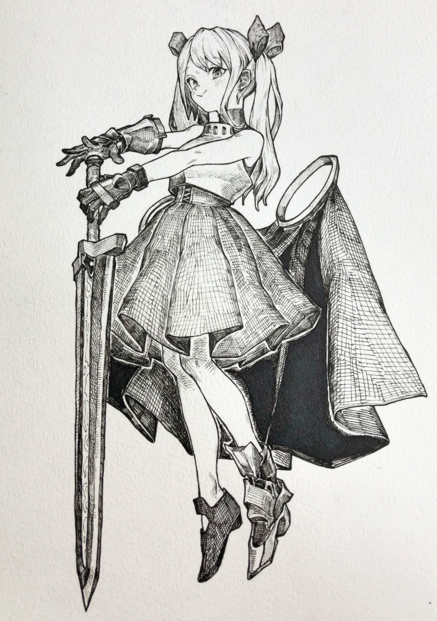 1girl absurdres bangs blush bow breastplate closed_mouth full_body gauntlets hair_bow hands_on_hilt highres long_hair looking_at_viewer mashimashi mismatched_footwear monochrome original pleated_skirt shoes sidelocks skirt sleeveless smile solo sword traditional_media twintails weapon