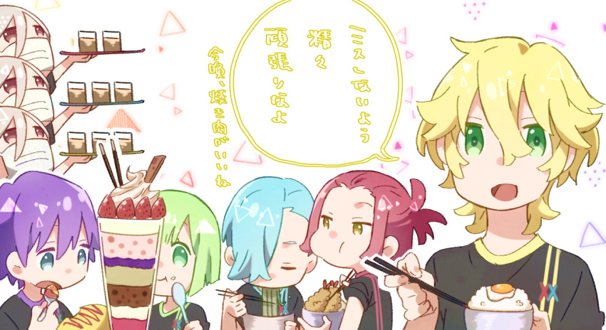 4boys 4girls blonde_hair blue_hair bob_cut bowl chibi chopsticks darling_in_the_franxx eating egg food green_eyes green_hair grey_eyes grey_hair hair_over_one_eye leje39 long_hair matching_outfit multiple_boys multiple_girls nine_alpha nine_beta nine_delta nine_epsilon nine_eta nine_gamma nine_theta nine_zeta noodles omelet parfait purple_hair redhead rice_bowl shirt short_hair shrimp shrimp_tempura t-shirt tempura yellow_eyes